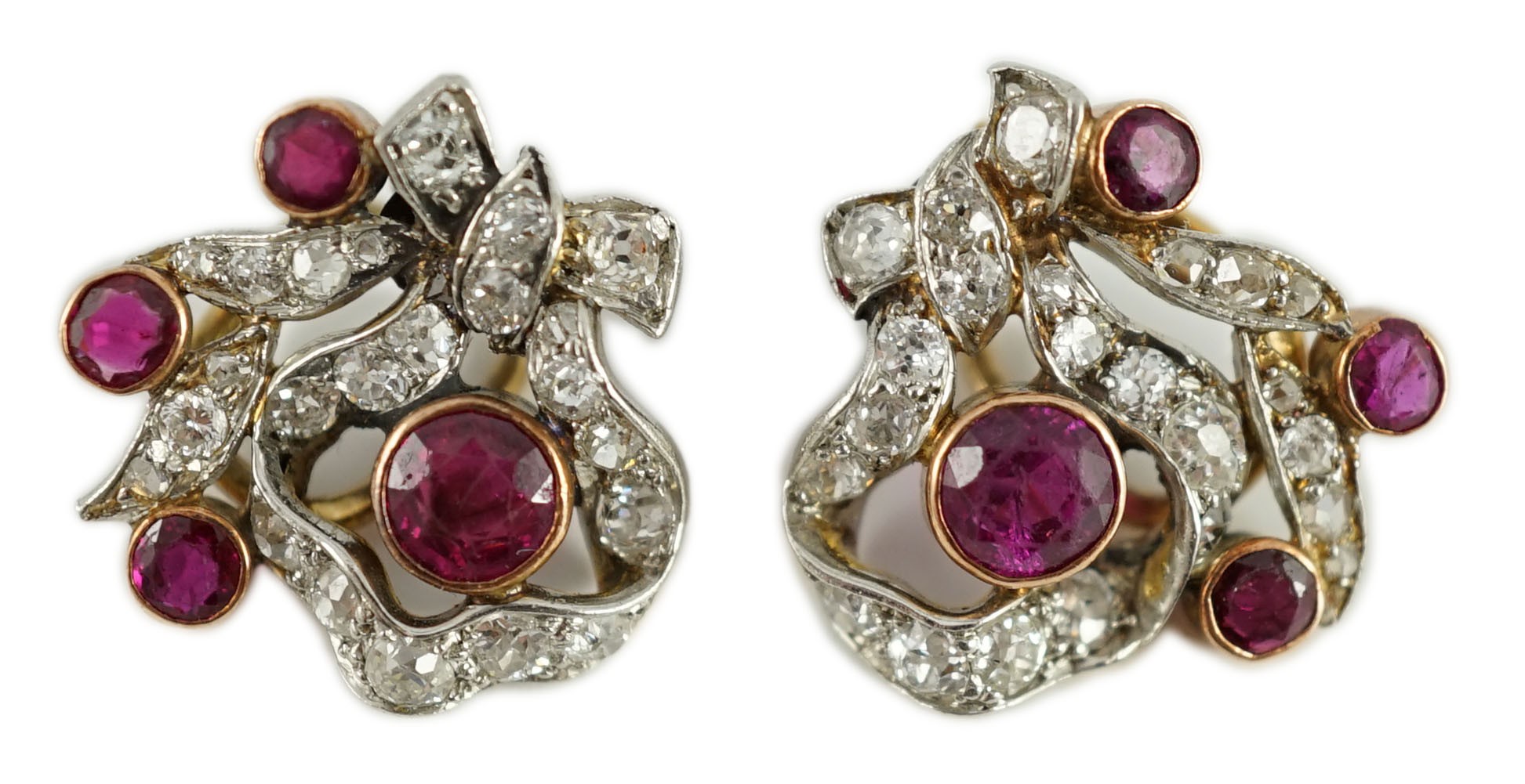 A pair of gold, diamond and ruby cluster set ear clips